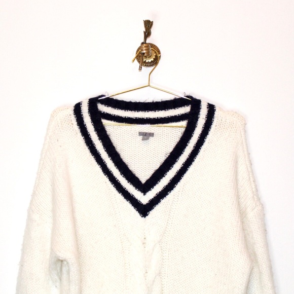 Aerie Oversized White + Navy Cable Knit Varsity Sweater - Picture 2 of 4